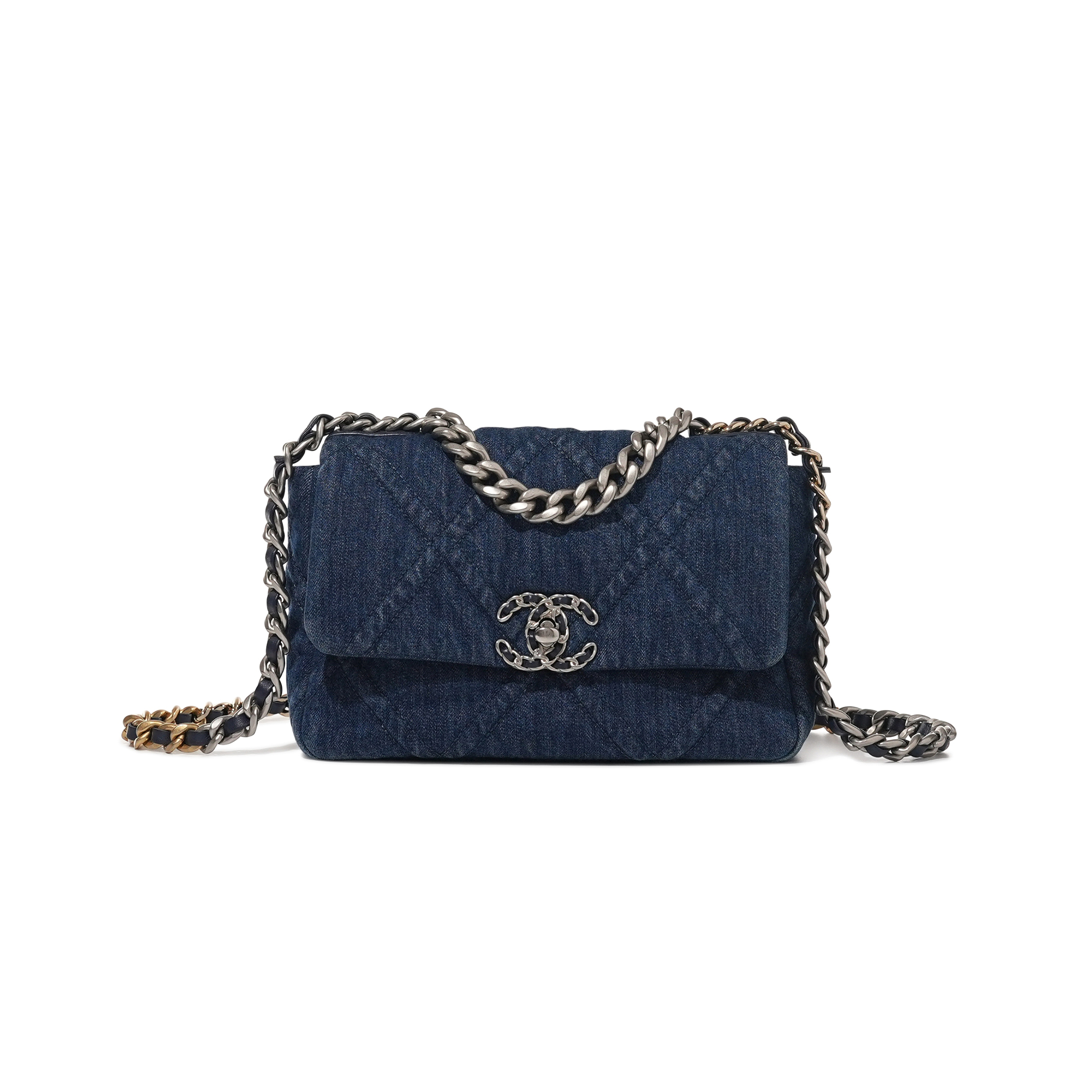 CHANEL BLUE QUILTED DENIM 19 FLAP BAG RUTHENIUM, BRUSHED GOLD AND PALE GOLD HARDWARE AS1160 (26*16*9cm)